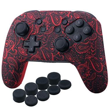 Imagem de YoRHa Capa de silicone cravejada com estampa de transferência APENAS para controle Nitendo Official Switch Pro x 1 (folhas vermelhas) com alças de polegar profissionais x 8