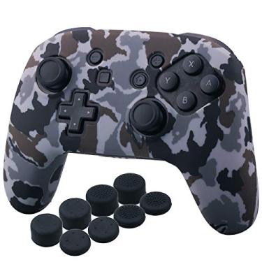 Imagem de YoRHa Capa de silicone cravejada com estampa de transferência APENAS para controle Nitendo Official Switch Pro x 1 (cinza camuflagem) com alças de polegar profissionais x 8