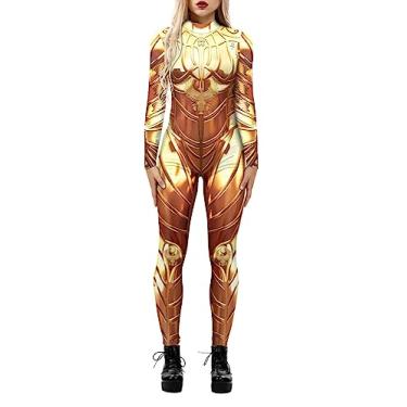 Imagem de Foksikely Macacão feminino 3D mecânico robô esqueleto estampado cosplay fantasia Halloween Unitard ouro P