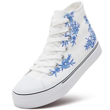 Imagem de ZGR Tênis feminino de lona de cano alto, sapatos de lona com cadarço, tênis casual para caminhada, Bordado azul e branco, 35