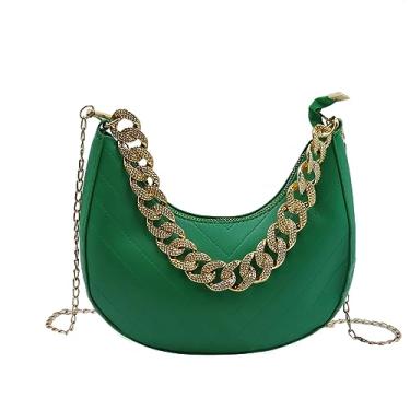 Imagem de RARITYUS Bolsa tiracolo feminina de couro PU moderna acolchoada bolsa axila bolsa de ombro com corrente de metal para pulso, Verde, One Size