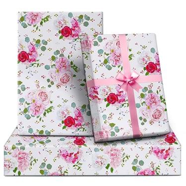 Imagem de Conjunto de papel de embrulho e fita de casamento para meninas e mulheres, 6 folhas dobradas, design rosa e vermelha, papel de embrulho de 51 x 71 cm para chá de panela floral, noivado, festa de