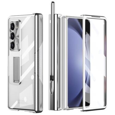 Imagem de YQODSZ Capa para Samsung Galaxy Z Fold 5 com S Pen + suporte para caneta, duas dobradiças de proteção para Z Fold 5 capa protetora de tela embutida Z Fold 5 5g capa transparente com suporte Z Fold 5 5g capa de telefone prata