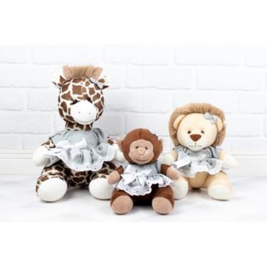 Imagem de Conjunto de bichos de pelucia Safari Girafa 22cm/Leão 18cm/Macaco 15cm- vestido com lese (CINZA)