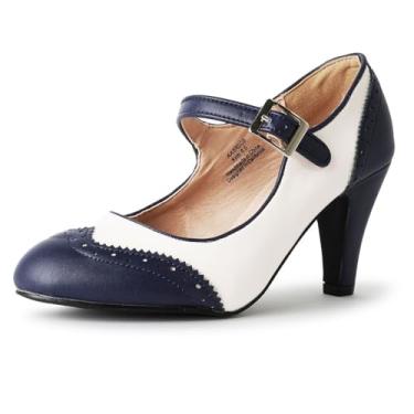 Imagem de J. Adams Mary Jane Oxford Pumps - Saltos de gatinho baixos bonitos - Sapato de bico redondo retrô com tira no tornozelo - Kym, Navy Cream, 6