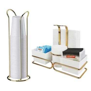 Imagem de Kit Porta Sachês Mexedores Guardanapos + Suporte Copos 200ml - Dourado