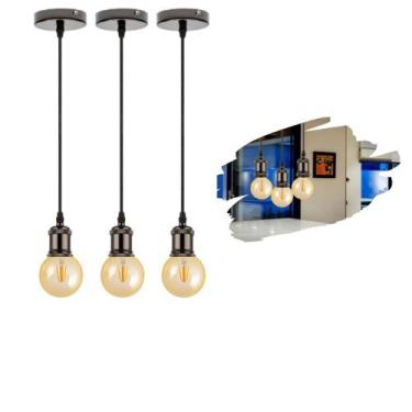 Imagem de Kit 3 Luminárias Pendentes Retro Vintage De Metal Com Lâmpadas Formato