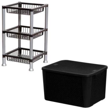 Imagem de Caixa Organizadora Rattan 42 Litros e Organizador Fruteira 3 Andares P