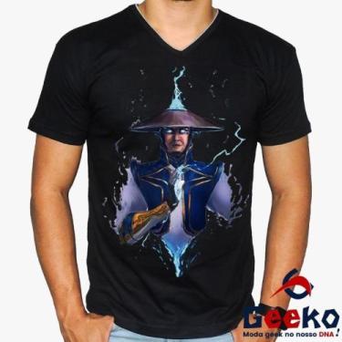 Imagem de Camiseta Mortal Kombat 100% Algodão Raiden Geeko, Preto gola v, P