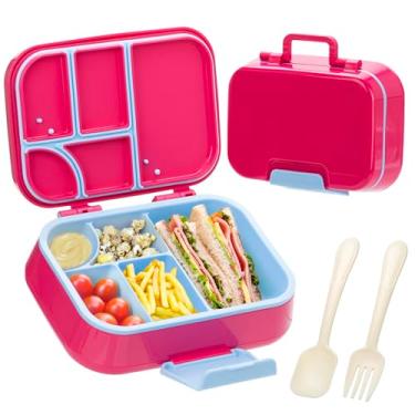 Imagem de Ingcebo Lancheira Bento para crianças, recipiente de almoço com 5 compartimentos, à prova de vazamento, alça portátil, segura para micro-ondas/lava-louças, livre de BPA (rosa vermelha)