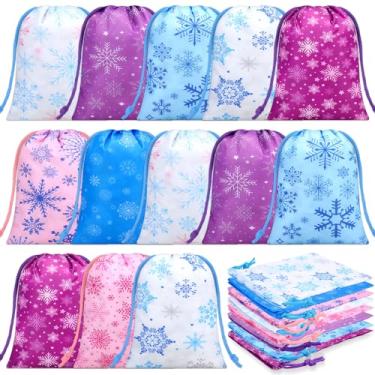Imagem de Abbylike 16 peças sacos de presente de floco de neve a granel saco de doces com cordão Frozen saco de lembrancinhas de inverno do país das maravilhas saco de presente de embrulho de presente de Natal