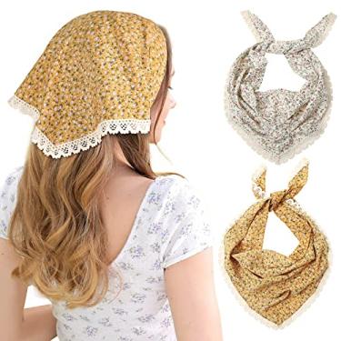 Imagem de AWAYTR 2 peças de bandanas de cabelo floral, lenço de cabeça de amarrar para mulheres, lenços de cabelo de malha de flores, cachecol de cabeça triangular leve, Floral (branco/amarelo), One Size
