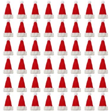 Imagem de Bencailor Mini chapéus de Papai Noel para artesanato pequeno chapéu de malha de Natal minúsculo suporte de garrafa de vinho chapéu de boneca de Natal talheres mesa decorações de jantar capas de doces decoração tampa de garrafas, vermelho (48 peças)