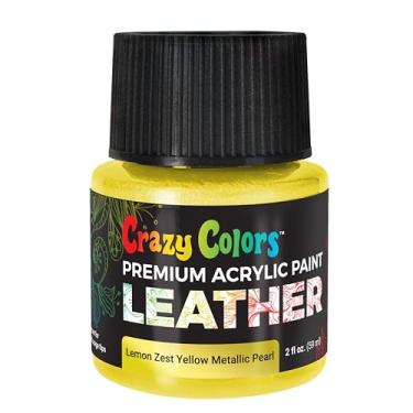 Imagem de Crazy Colors Lemon Zest Yellow Metallic Pearl Premium Acrylic Leather and Shoe Paint, garrafa de 59 ml - flexível, racha, arranhão, resistente a descascamentos - Cria tênis, jaquetas, bolsas, bolsas