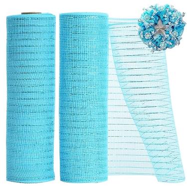 Imagem de TONIFUL 2 rolos de malha decorativa azul celeste de 25,4 cm, malha de tecido com folha para suprimentos de grinalda, guirlanda de porta da frente, decoração de árvore de Natal, Ano Novo Dia das Bruxas