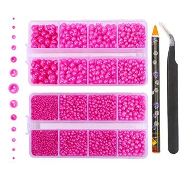 Imagem de 6540 peças de pérolas de resina rosa profunda com costas planas de strass, tamanho misto 2/3/4/5/6/8/10 mm contas de pérola meia redonda pedras de strass com pinças e lápis selecionador para artesanato decoração de unhas DIY