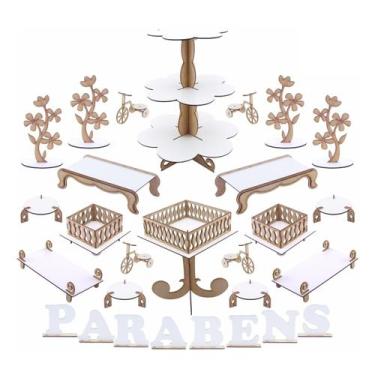 Imagem de Kit Festa Mdf Branco - Torre de Doces Babado - 28 Peças - Maxdecor Dec