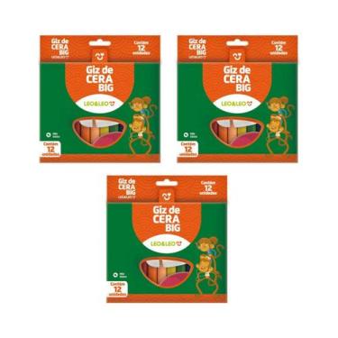 Imagem de Kit 03 Giz de Cera Infantil Grande Big 12 Cores Escolar Leo&Leo