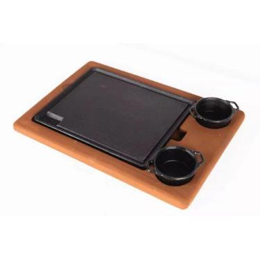 Imagem de Chapa de Ferro Molheiras Ferro Fundido com Suporte Madeira - Panela Mi