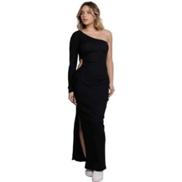 Imagem de Vestido Ombro Canelado Vekyo Longo Com Fenda Blogueira Feminino Moda Casual-Feminino