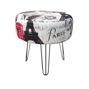 Imagem de Puff Banqueta Redondo Classic Estampado Paris Vermelho Pés de Ferro Ar