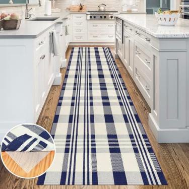 Imagem de Aoczes Tapete de corredor xadrez Buffalo 10 x 3 pés azul-marinho e off-white tapete de corredor de algodão tapete xadrez para casa de fazenda tapete lavável para entrada, cozinha, quarto, sala de