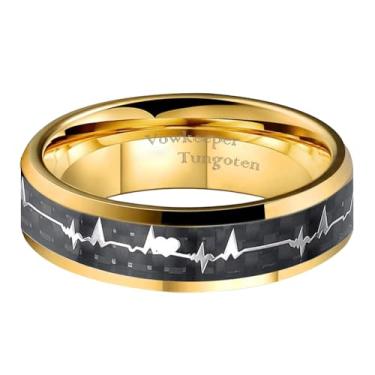 Imagem de VowKeeper Anel de casamento masculino de tungstênio dourado de 6 mm, incrustado com design moderno de batimento cardíaco, ideal para casamento, noivado e compromisso, anel de presente unissex tamanho