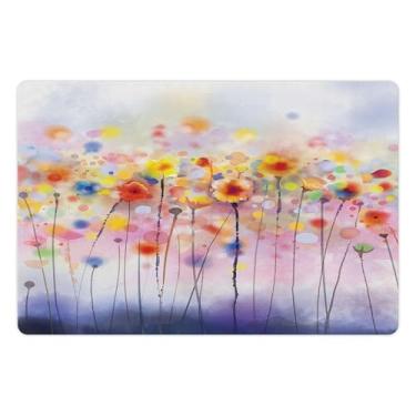 Imagem de Tapete para animais de estimação Lunarable Watercolor Flower para comida e água, flores em cores suaves com abstração de sonhos colorida e desbotada, tapete de borracha antiderrapante para cães e gatos, 45,72 cm x 30,48 cm, roxo laranja