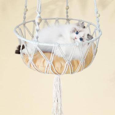 Imagem de MUYG Cama de rede para gatos macramê, cama de gato boho tecida à mão com kit de pendurar para decoração de interiores e exteriores para decoração de casa no teto balanço para brincar de dormir,
