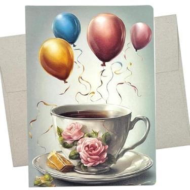 Imagem de Whitman and Daughter Cartão de aniversário de chá (1 cartão premium, 12 x 17 cm) balões sobre uma xícara de chá floral em branco para todas as ocasiões, como aniversário da mãe, Dia das Mães,