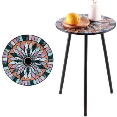 Imagem de 1 pacote com mesa lateral redonda de mosaico de metal, pequena, 34 cm, com detalhes redondos, suporte de canto de jardim para espaços pequenos, resistente ao clima para varanda, suporte de plantas