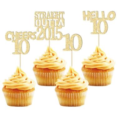 Imagem de Gyufise 24Pcs Happy 10th Cupcake Toppers Glitter Ten Straight Outta 2013 Cupcake Picks Cheers to 10 Years Birthday Cake Decorations for Happy 10th Birthday Anniversary Party Supplies Gold