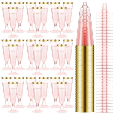 Imagem de Dandat 100 peças de flautas de plástico descartáveis taças de champanhe 142 g taças de champanhe com aro copos de coquetel para brindar casamento doce 15 festa aniversário aniversário (rosa com aro