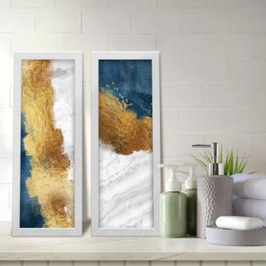 Imagem de Kit 2 Quadros Decorativos Lavabo Abstrato Pincelada Branco Azul Dourad