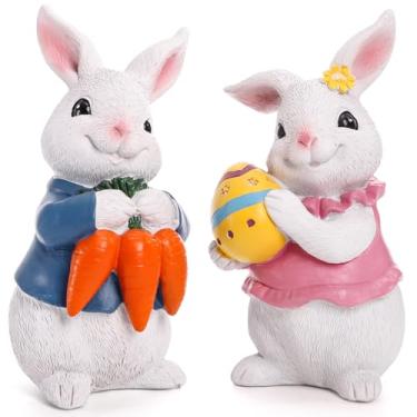 Imagem de Youeon 2 Pack Easter Bunny Decorations, 6 Inch Resin Bunny Figures with Easter Egg & Carrots for Table Decor, Hand Painted Cute Spring Bunnies for Home, Office, Party, Easter Gift