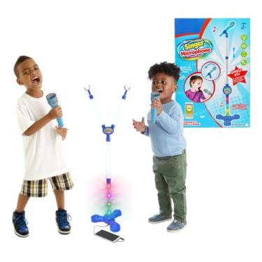 Imagem de Genérico Microfone Infantil Duplo Com Pedestal Ajustável Azul Com Luz Som Karaokê Conecta Celular MP3. 3.5mm colorido e divertido
