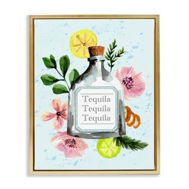 Imagem de Stupell Industries Arte de parede em tela emoldurada de garrafa de tequila floral dourada flutuante por Kate Eldridge, 64 x 78 cm
