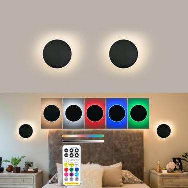 Imagem de Arandelas de parede operadas por bateria, luz de parede preta recarregável estilo eclipse solar com controle remoto sem fio regulável, 9 modos de cores, arandela de parede interna para quarto e sala