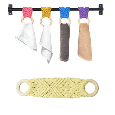 Imagem de 2 peças anel de suporte de toalha de macramê | Clipes de toalha de cozinha para alça de forno | Suporte de toalha de crochê | Anéis de suporte de toalha de crochê para pendurar toalhas de cozinha