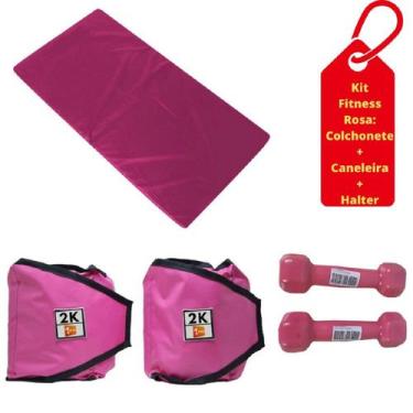 Imagem de Kit Colchonete Rosa + Par de Caneleira 2kg + Par de Halter Emborrachad