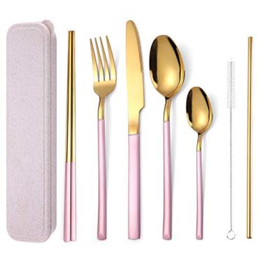 Imagem de AARAINBOW Conjunto de talheres de aço inoxidável com 7 peças, portátil, reutilizável, conjunto de utensílios de viagem, incluindo pauzinhos, faca, garfo, colher, escova de limpeza segura para lava-louças (rosa dourado)