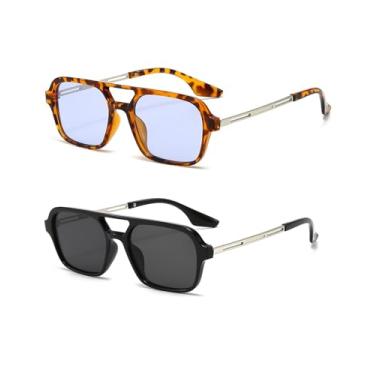 Imagem de Azoxus Óculos de sol aviador quadrado retrô feminino masculino armação pequena moda plástico, Lentes pretas/lentes azuis, Small