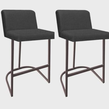 Imagem de Kit 02 Banquetas Com Encosto Noah Luxo Confort Bistrô Cozinha Ferro Marrom Linho Grafite - Ahazzo Móveis