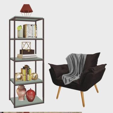 Imagem de Kit Poltrona Fatte com Manta Soft Cinza e Estante Livreiro Ferro Marrom mdf Verde Oliva Suede Marrom - Ahz Móveis