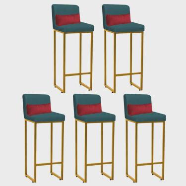 Imagem de Kit 05 Banqueta Alta com Encosto Lucca Industrial Cozinha Balcão Ferro Dourado Suede Azul Turquesa e Almofada Vermelho - Ahz Móveis