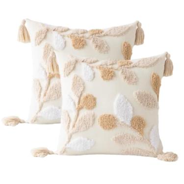 Imagem de Andreannie Pacote com 2 capas de almofada Boho Tufting bordadas texturizadas com borlas macias para decoração de casa para sofá 45,7 x 45,7 cm (folhas)