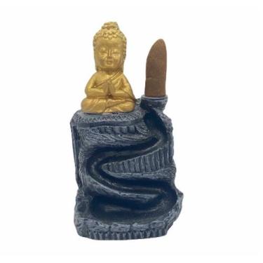 Imagem de Incensário cascata Buda criança cinza com dourado 13 cm resina - Lua M