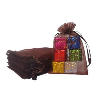 Imagem de Sacos de presente de organza de 10 x 15 cm com cordão para joias, doces, cartões, 50 peças de tecido transparente marrom transparente para chá de bebê, aniversário de 50 anos, Natal, lembrancinhas de