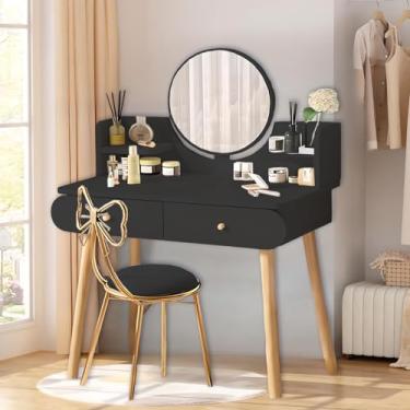 Imagem de YEYGRIEM Conjunto De Penteadeira Com Espelho, Penteadeira Moderna De Fibra De Média Densidade Com 2 Gavetas E 2 Prateleiras, 80 Cm (C) X 40 Cm (L) X 125 Cm (A), Preta (Sem Banqueta)