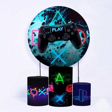 Imagem de  Kit Painel de Festa Redondo e Trio de Cilindros Video Game - Fera Print